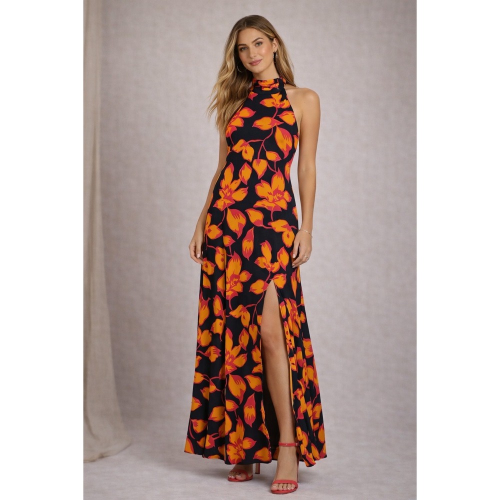 Lulus Sunny Significance Floral Halter Maxi Dress Black Orange Pink‎ High Slit